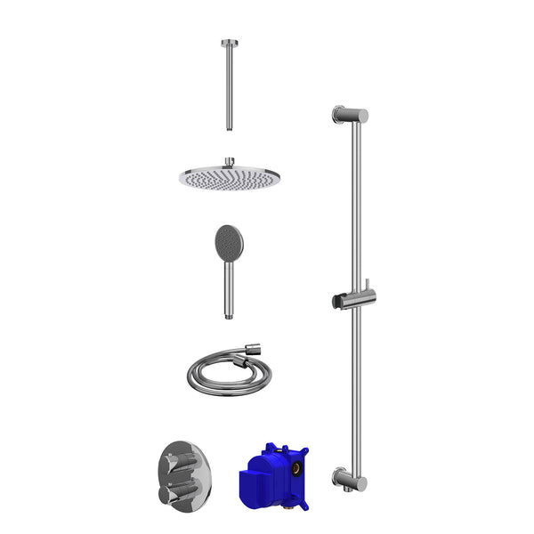 Regendoucheset inbouwthermostaatkraan met 2-weg stop-omstel, plafondbuis 30cm, R25cmME, glijstang met uitlaat, doucheslang 150cm en satin spray handdouche