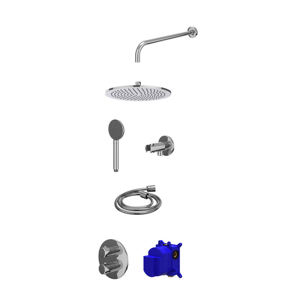 Regendoucheset inbouwthermostaatkraan met 2-weg stop-omstel, wandarm, R30cmME, houder met uitlaat, doucheslang 150cm en satin spray handdouche