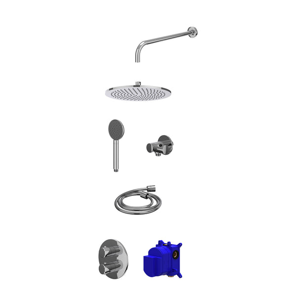 Regendoucheset inbouwthermostaatkraan met 2-weg stop-omstel, wandarm, R30cmME, verstelbare steun met geïnt. uitlaat, doucheslang 150cm en satin spray handdouche