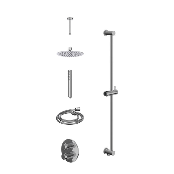 Excl. inbouwbox regendoucheset inbouwthermostaatkraan met 2-weg stop-omstel, plafondbuis 15cm, R20cmSL, glijstang met uitlaat, doucheslang 150cm en staafmodel