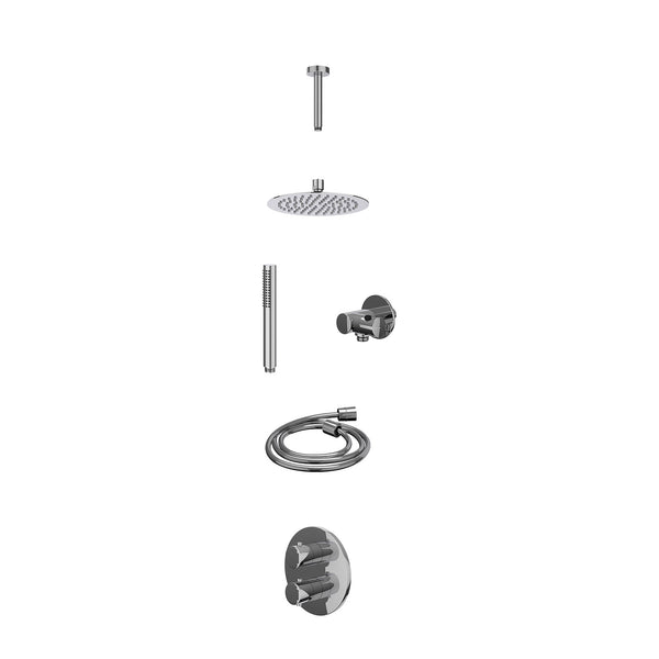 Excl. inbouwbox regendoucheset inbouwthermostaatkraan met 2-weg stop-omstel, plafondbuis 15cm, R20cmSL, verstelbare steun met geïnt. uitlaat, doucheslang 150cm en staafmodel