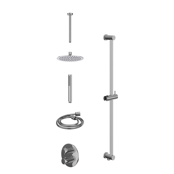 Excl. inbouwbox regendoucheset inbouwthermostaatkraan met 2-weg stop-omstel, plafondbuis 30cm, R20cmSL, glijstang met uitlaat, doucheslang 150cm en staafmodel