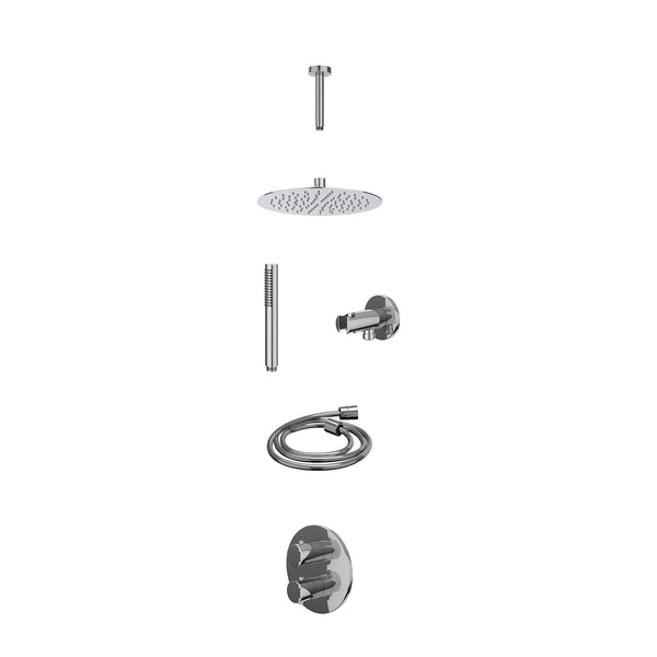 Excl. inbouwbox regendoucheset inbouwthermostaatkraan met 2-weg stop-omstel, plafondbuis 15cm, R25cmSL, houder met uitlaat, doucheslang 150cm en staafmodel