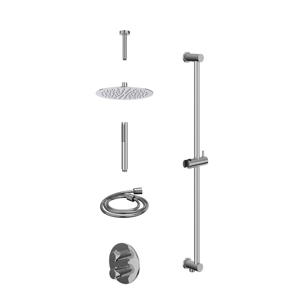 Excl. inbouwbox regendoucheset inbouwthermostaatkraan met 2-weg stop-omstel, plafondbuis 15cm, R25cmSL, glijstang met uitlaat, doucheslang 150cm en staafmodel
