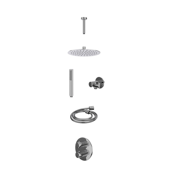 Excl. inbouwbox regendoucheset inbouwthermostaatkraan met 2-weg stop-omstel, plafondbuis 15cm, R25cmSL, verstelbare steun met geïnt. uitlaat, doucheslang 150cm en staafmodel