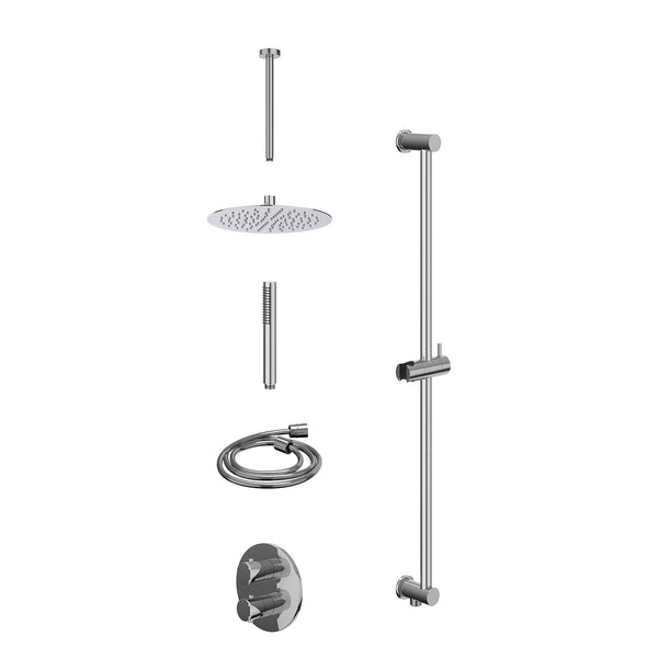 Excl. inbouwbox regendoucheset inbouwthermostaatkraan met 2-weg stop-omstel, plafondbuis 30cm, R25cmSL, glijstang met uitlaat, doucheslang 150cm en staafmodel