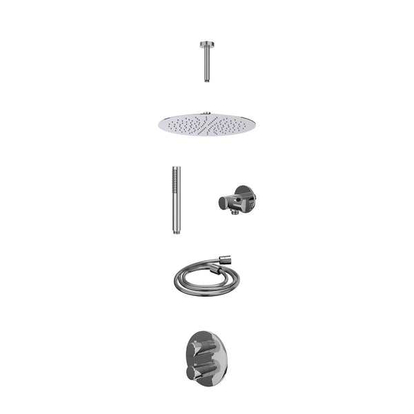Excl. inbouwbox regendoucheset inbouwthermostaatkraan met 2-weg stop-omstel, plafondbuis 15cm, R30cmSL, verstelbare steun met geïnt. uitlaat, doucheslang 150cm en staafmodel