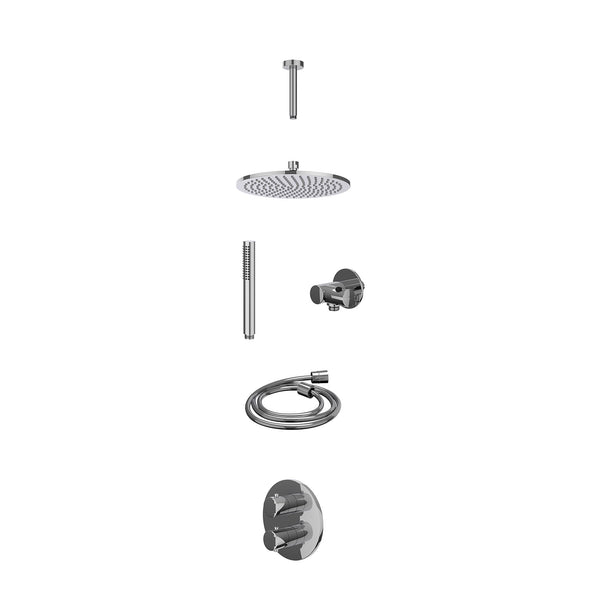 Excl. inbouwbox regendoucheset inbouwthermostaatkraan met 2-weg stop-omstel, plafondbuis 15cm, R25cmME, verstelbare steun met geïnt. uitlaat, doucheslang 150cm en staafmodel