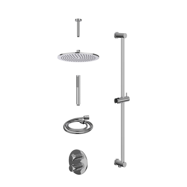 Excl. inbouwbox regendoucheset inbouwthermostaatkraan met 2-weg stop-omstel, plafondbuis 15cm, R30cmME, glijstang met uitlaat, doucheslang 150cm en staafmodel