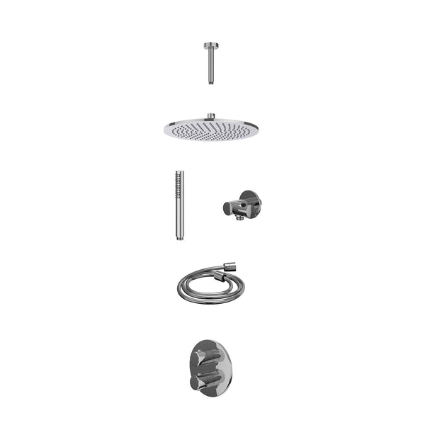 Excl. inbouwbox regendoucheset inbouwthermostaatkraan met 2-weg stop-omstel, plafondbuis 15cm, R30cmME, verstelbare steun met geïnt. uitlaat, doucheslang 150cm en staafmodel