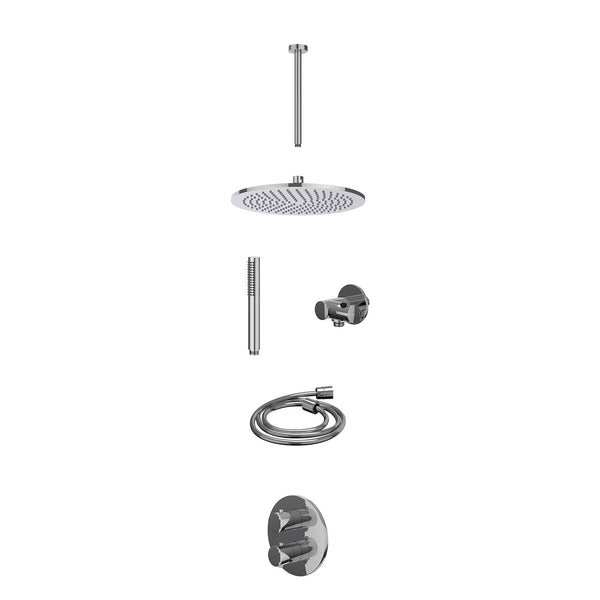 Excl. inbouwbox regendoucheset inbouwthermostaatkraan met 2-weg stop-omstel, plafondbuis 30cm, R30cmME, verstelbare steun met geïnt. uitlaat, doucheslang 150cm en staafmodel