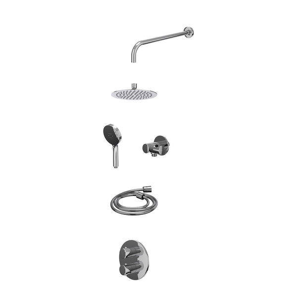 Excl. inbouwbox regendoucheset inbouwthermostaatkraan met 2-weg stop-omstel, wandarm, R20cmSL, verstelbare steun met geïnt. uitlaat, doucheslang 150cm en 3-standen handdouche