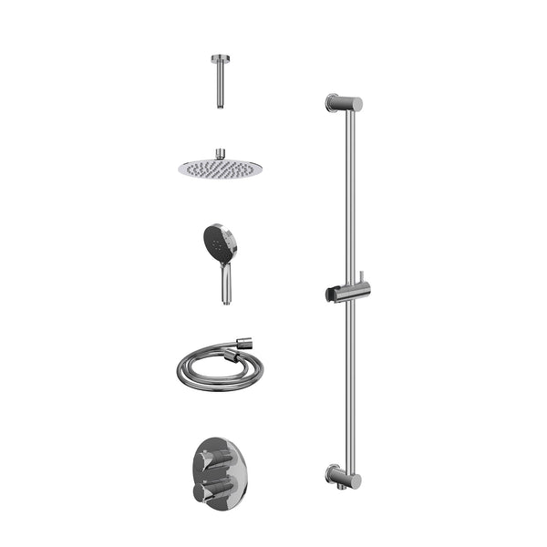 Excl. inbouwbox regendoucheset inbouwthermostaatkraan met 2-weg stop-omstel, plafondbuis 15cm, R20cmSL, glijstang met uitlaat, doucheslang 150cm en 3-standen handdouche