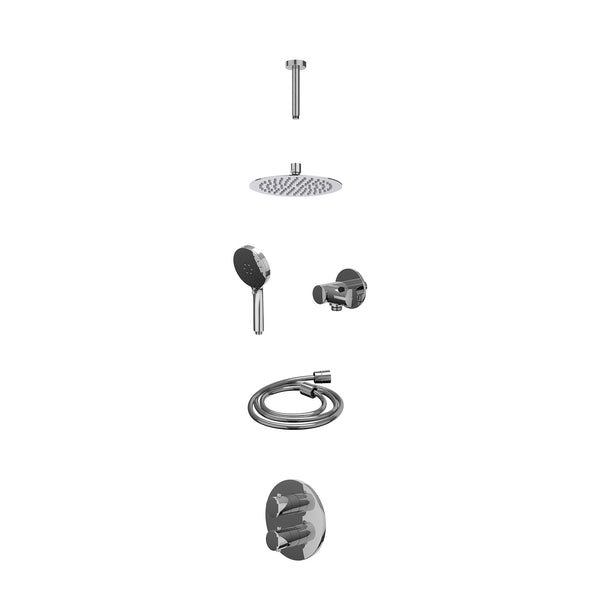 Excl. inbouwbox regendoucheset inbouwthermostaatkraan met 2-weg stop-omstel, plafondbuis 15cm, R20cmSL, verstelbare steun met geïnt. uitlaat, doucheslang 150cm en 3-standen handdouche