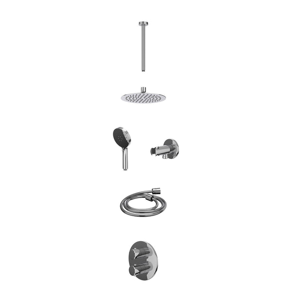 Excl. inbouwbox regendoucheset inbouwthermostaatkraan met 2-weg stop-omstel, plafondbuis 30cm, R20cmSL, houder met uitlaat, doucheslang 150cm en 3-standen handdouche
