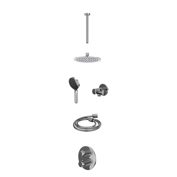 Excl. inbouwbox regendoucheset inbouwthermostaatkraan met 2-weg stop-omstel, plafondbuis 30cm, R20cmSL, verstelbare steun met geïnt. uitlaat, doucheslang 150cm en 3-standen handdouche