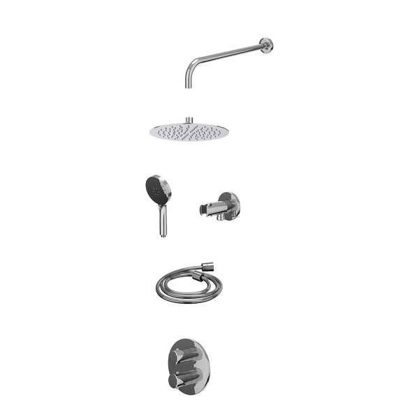 Excl. inbouwbox regendoucheset inbouwthermostaatkraan met 2-weg stop-omstel, wandarm, R25cmSL, houder met uitlaat, doucheslang 150cm en 3-standen handdouche