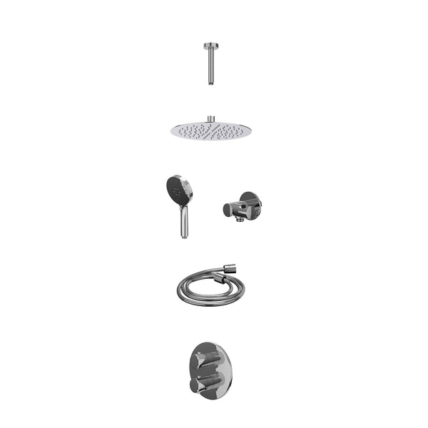 Excl. inbouwbox regendoucheset inbouwthermostaatkraan met 2-weg stop-omstel, plafondbuis 15cm, R25cmSL, verstelbare steun met geïnt. uitlaat, doucheslang 150cm en 3-standen handdouche