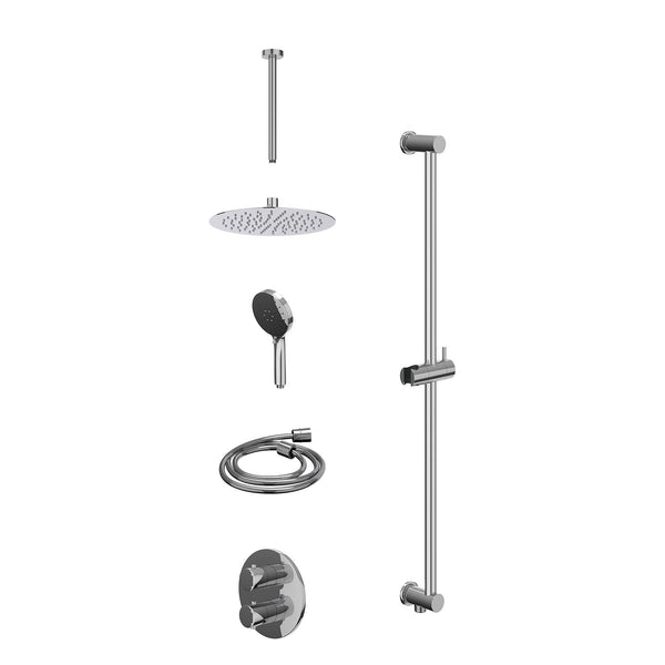 Excl. inbouwbox regendoucheset inbouwthermostaatkraan met 2-weg stop-omstel, plafondbuis 30cm, R25cmSL, glijstang met uitlaat, doucheslang 150cm en 3-standen handdouche