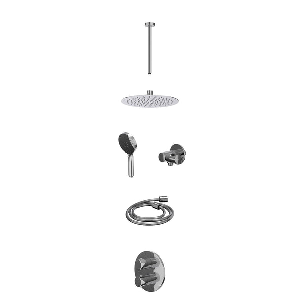 Excl. inbouwbox regendoucheset inbouwthermostaatkraan met 2-weg stop-omstel, plafondbuis 30cm, R25cmSL, verstelbare steun met geïnt. uitlaat, doucheslang 150cm en 3-standen handdouche