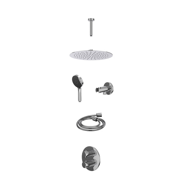 Excl. inbouwbox regendoucheset inbouwthermostaatkraan met 2-weg stop-omstel, plafondbuis 15cm, R30cmSL, houder met uitlaat, doucheslang 150cm en 3-standen handdouche