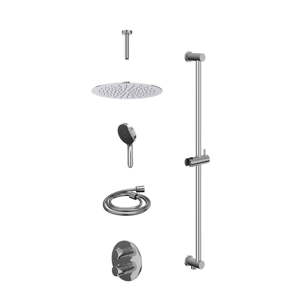 Excl. inbouwbox regendoucheset inbouwthermostaatkraan met 2-weg stop-omstel, plafondbuis 15cm, R30cmSL, glijstang met uitlaat, doucheslang 150cm en 3-standen handdouche