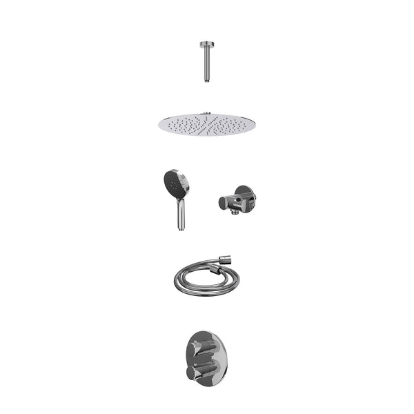 Excl. inbouwbox regendoucheset inbouwthermostaatkraan met 2-weg stop-omstel, plafondbuis 15cm, R30cmSL, verstelbare steun met geïnt. uitlaat, doucheslang 150cm en 3-standen handdouche