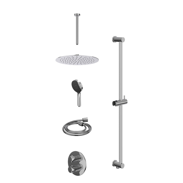 Excl. inbouwbox regendoucheset inbouwthermostaatkraan met 2-weg stop-omstel, plafondbuis 30cm, R30cmSL, glijstang met uitlaat, doucheslang 150cm en 3-standen handdouche