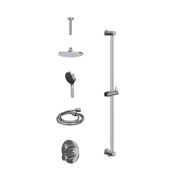 Excl. inbouwbox regendoucheset inbouwthermostaatkraan met 2-weg stop-omstel, plafondbuis 15cm, R20cmME, glijstang met uitlaat, doucheslang 150cm en 3-standen handdouche