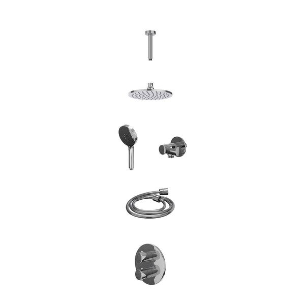 Excl. inbouwbox regendoucheset inbouwthermostaatkraan met 2-weg stop-omstel, plafondbuis 15cm, R20cmME, verstelbare steun met geïnt. uitlaat, doucheslang 150cm en 3-standen handdouche