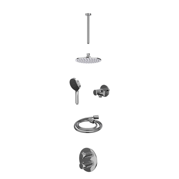 Excl. inbouwbox regendoucheset inbouwthermostaatkraan met 2-weg stop-omstel, plafondbuis 30cm, R20cmME, verstelbare steun met geïnt. uitlaat, doucheslang 150cm en 3-standen handdouche