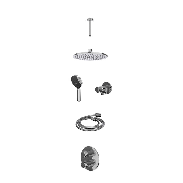 Excl. inbouwbox regendoucheset inbouwthermostaatkraan met 2-weg stop-omstel, plafondbuis 15cm, R25cmME, verstelbare steun met geïnt. uitlaat, doucheslang 150cm en 3-standen handdouche
