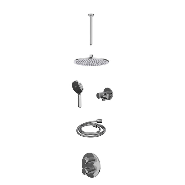 Excl. inbouwbox regendoucheset inbouwthermostaatkraan met 2-weg stop-omstel, plafondbuis 30cm, R25cmME, verstelbare steun met geïnt. uitlaat, doucheslang 150cm en 3-standen handdouche