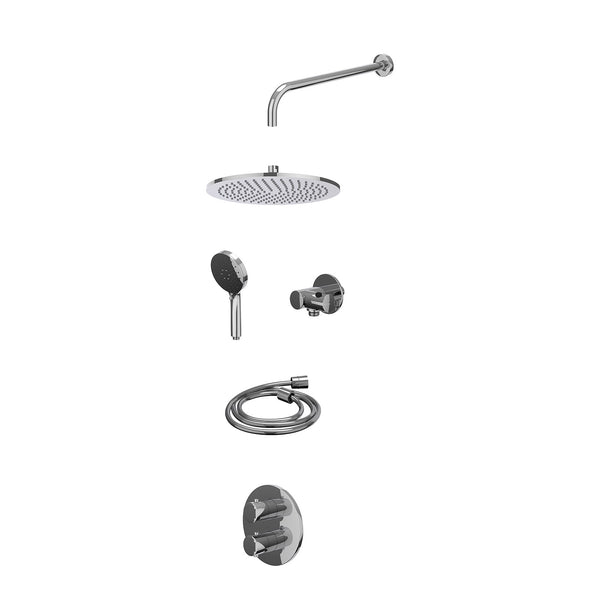 Excl. inbouwbox regendoucheset inbouwthermostaatkraan met 2-weg stop-omstel, wandarm, R30cmME, verstelbare steun met geïnt. uitlaat, doucheslang 150cm en 3-standen handdouche
