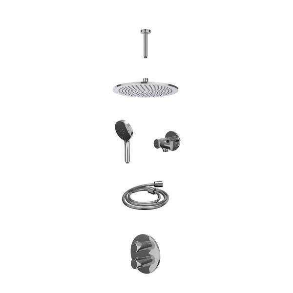 Excl. inbouwbox regendoucheset inbouwthermostaatkraan met 2-weg stop-omstel, plafondbuis 15cm, R30cmME, verstelbare steun met geïnt. uitlaat, doucheslang 150cm en 3-standen handdouche