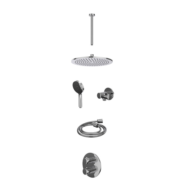 Excl. inbouwbox regendoucheset inbouwthermostaatkraan met 2-weg stop-omstel, plafondbuis 30cm, R30cmME, verstelbare steun met geïnt. uitlaat, doucheslang 150cm en 3-standen handdouche