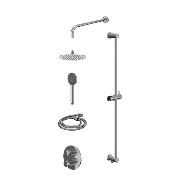 Excl. inbouwbox regendoucheset inbouwthermostaatkraan met 2-weg stop-omstel, wandarm, R20cmSL, glijstang met uitlaat, doucheslang 150cm en satin spray handdouche