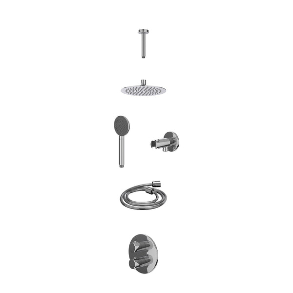 Excl. inbouwbox regendoucheset inbouwthermostaatkraan met 2-weg stop-omstel, plafondbuis 15cm, R20cmSL, houder met uitlaat, doucheslang 150cm en satin spray handdouche