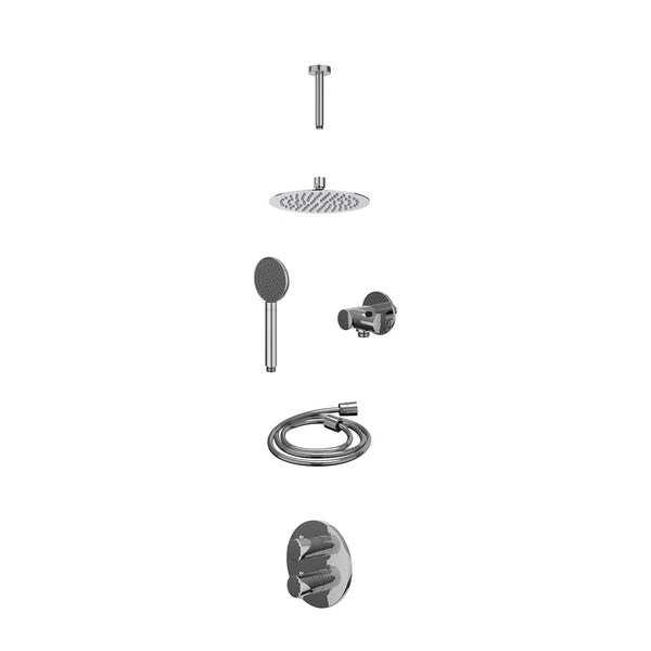 Excl. inbouwbox regendoucheset inbouwthermostaatkraan met 2-weg stop-omstel, plafondbuis 15cm, R20cmSL, verstelbare steun met geïnt. uitlaat, doucheslang 150cm en satin spray handdouche