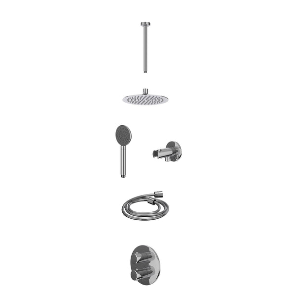 Excl. inbouwbox regendoucheset inbouwthermostaatkraan met 2-weg stop-omstel, plafondbuis 30cm, R20cmSL, houder met uitlaat, doucheslang 150cm en satin spray handdouche