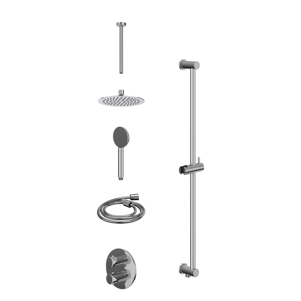 Excl. inbouwbox regendoucheset inbouwthermostaatkraan met 2-weg stop-omstel, plafondbuis 30cm, R20cmSL, glijstang met uitlaat, doucheslang 150cm en satin spray handdouche