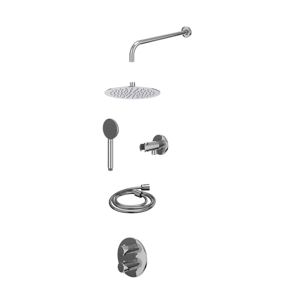 Excl. inbouwbox regendoucheset inbouwthermostaatkraan met 2-weg stop-omstel, wandarm, R25cmSL, houder met uitlaat, doucheslang 150cm en satin spray handdouche