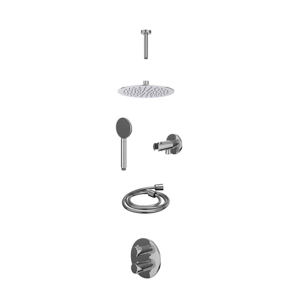 Excl. inbouwbox regendoucheset inbouwthermostaatkraan met 2-weg stop-omstel, plafondbuis 15cm, R25cmSL, houder met uitlaat, doucheslang 150cm en satin spray handdouche