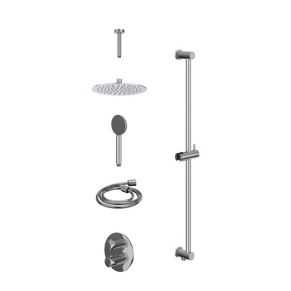 Excl. inbouwbox regendoucheset inbouwthermostaatkraan met 2-weg stop-omstel, plafondbuis 15cm, R25cmSL, glijstang met uitlaat, doucheslang 150cm en satin spray handdouche