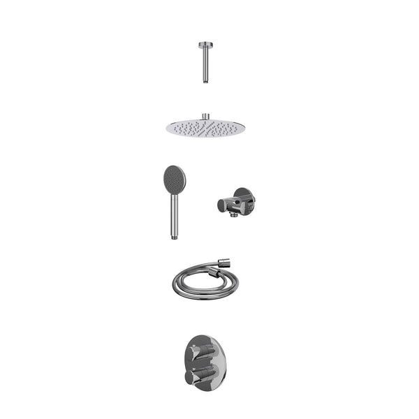 Excl. inbouwbox regendoucheset inbouwthermostaatkraan met 2-weg stop-omstel, plafondbuis 15cm, R25cmSL, verstelbare steun met geïnt. uitlaat, doucheslang 150cm en satin spray handdouche