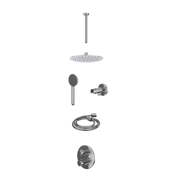 Excl. inbouwbox regendoucheset inbouwthermostaatkraan met 2-weg stop-omstel, plafondbuis 30cm, R25cmSL, houder met uitlaat, doucheslang 150cm en satin spray handdouche