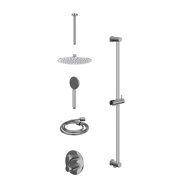 Excl. inbouwbox regendoucheset inbouwthermostaatkraan met 2-weg stop-omstel, plafondbuis 30cm, R25cmSL, glijstang met uitlaat, doucheslang 150cm en satin spray handdouche