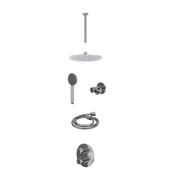 Excl. inbouwbox regendoucheset inbouwthermostaatkraan met 2-weg stop-omstel, plafondbuis 30cm, R25cmSL, verstelbare steun met geïnt. uitlaat, doucheslang 150cm en satin spray handdouche