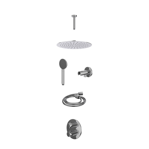 Excl. inbouwbox regendoucheset inbouwthermostaatkraan met 2-weg stop-omstel, plafondbuis 15cm, R30cmSL, houder met uitlaat, doucheslang 150cm en satin spray handdouche