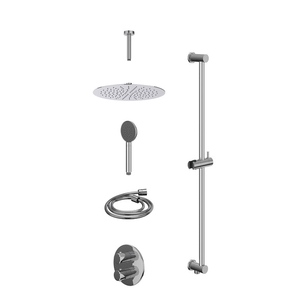 Excl. inbouwbox regendoucheset inbouwthermostaatkraan met 2-weg stop-omstel, plafondbuis 15cm, R30cmSL, glijstang met uitlaat, doucheslang 150cm en satin spray handdouche